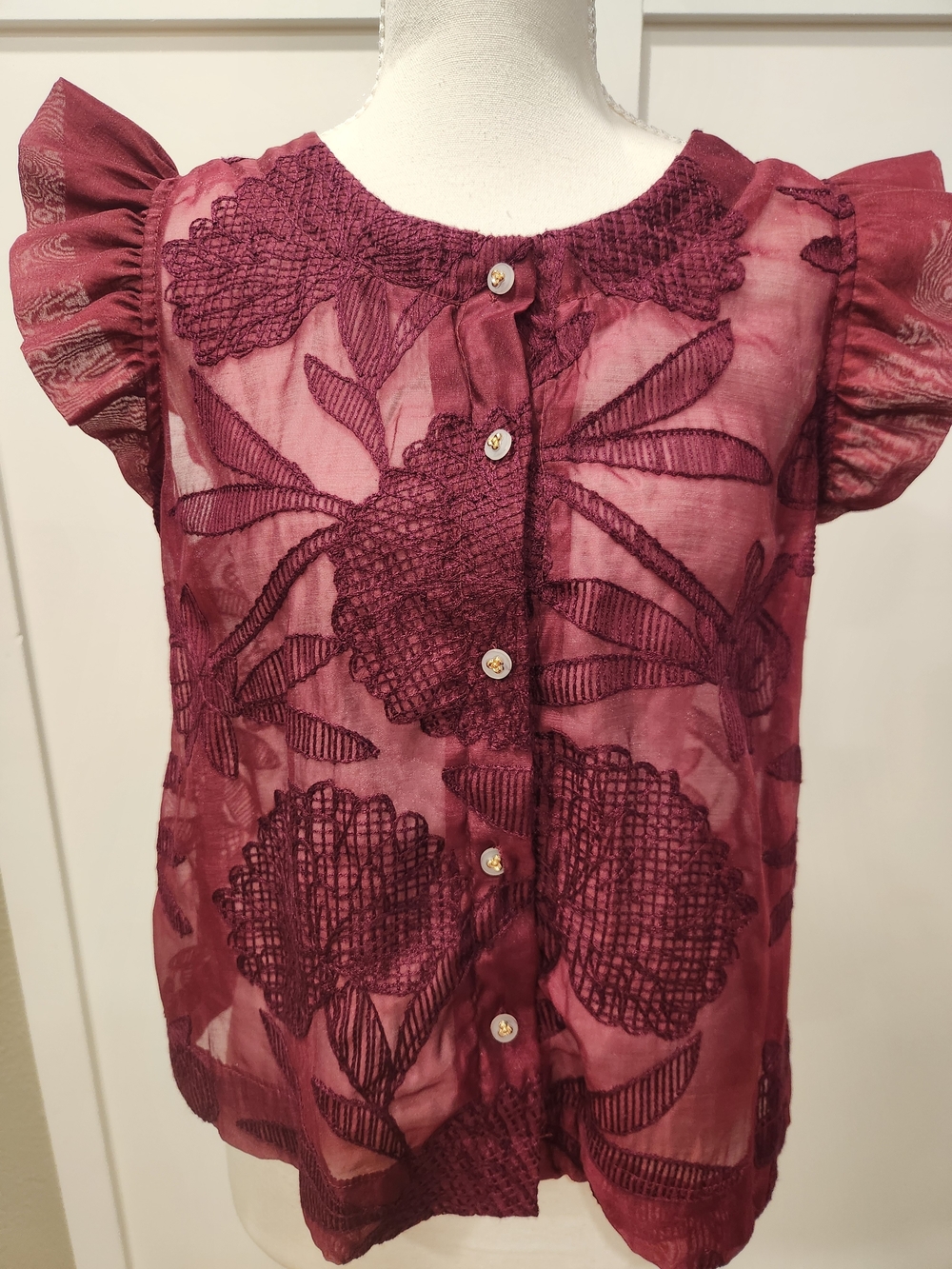 Women's Embroidered Ruffled Sleeve Blouse - Burgundy